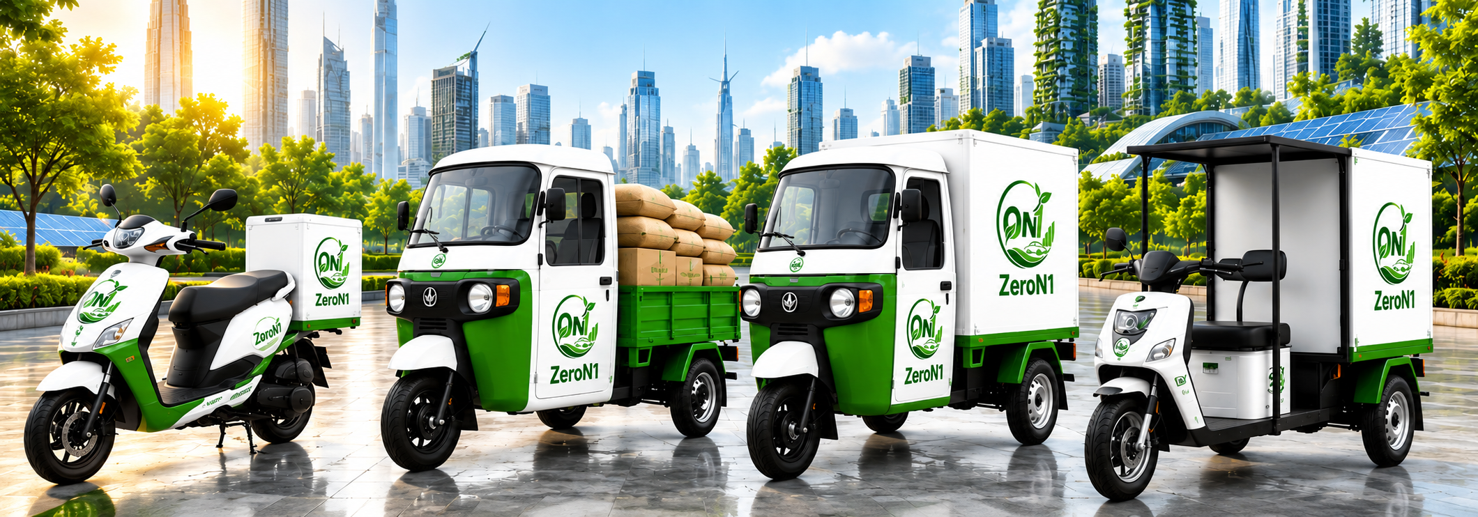 ZeroN1 electric fleet against a sustainable city skyline